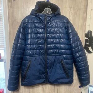 Kenneth Cole NY Men's XL Navy Blue Quilted Puffer Jacket Sherpa Lined Zip Hooded